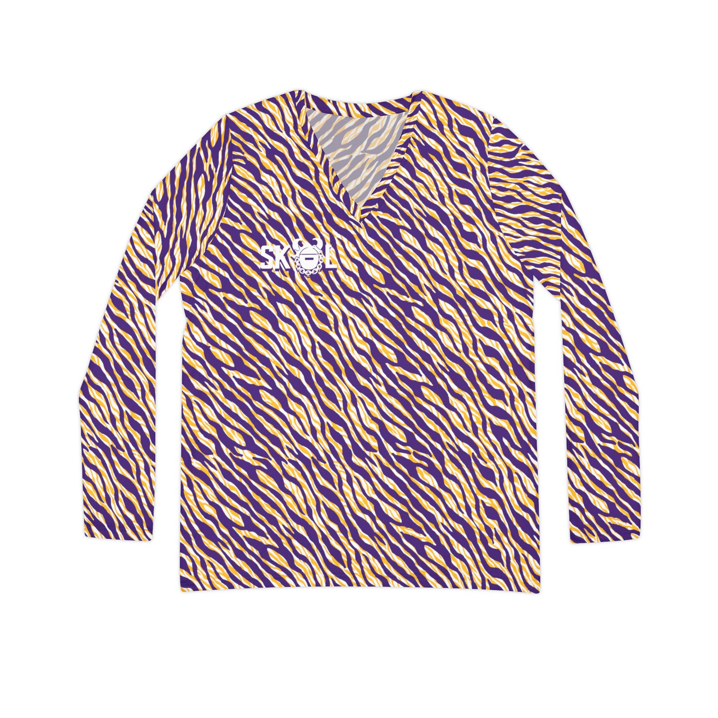 Women's Long Sleeve V-neck Shirt - Purple/Gold Zebra Print