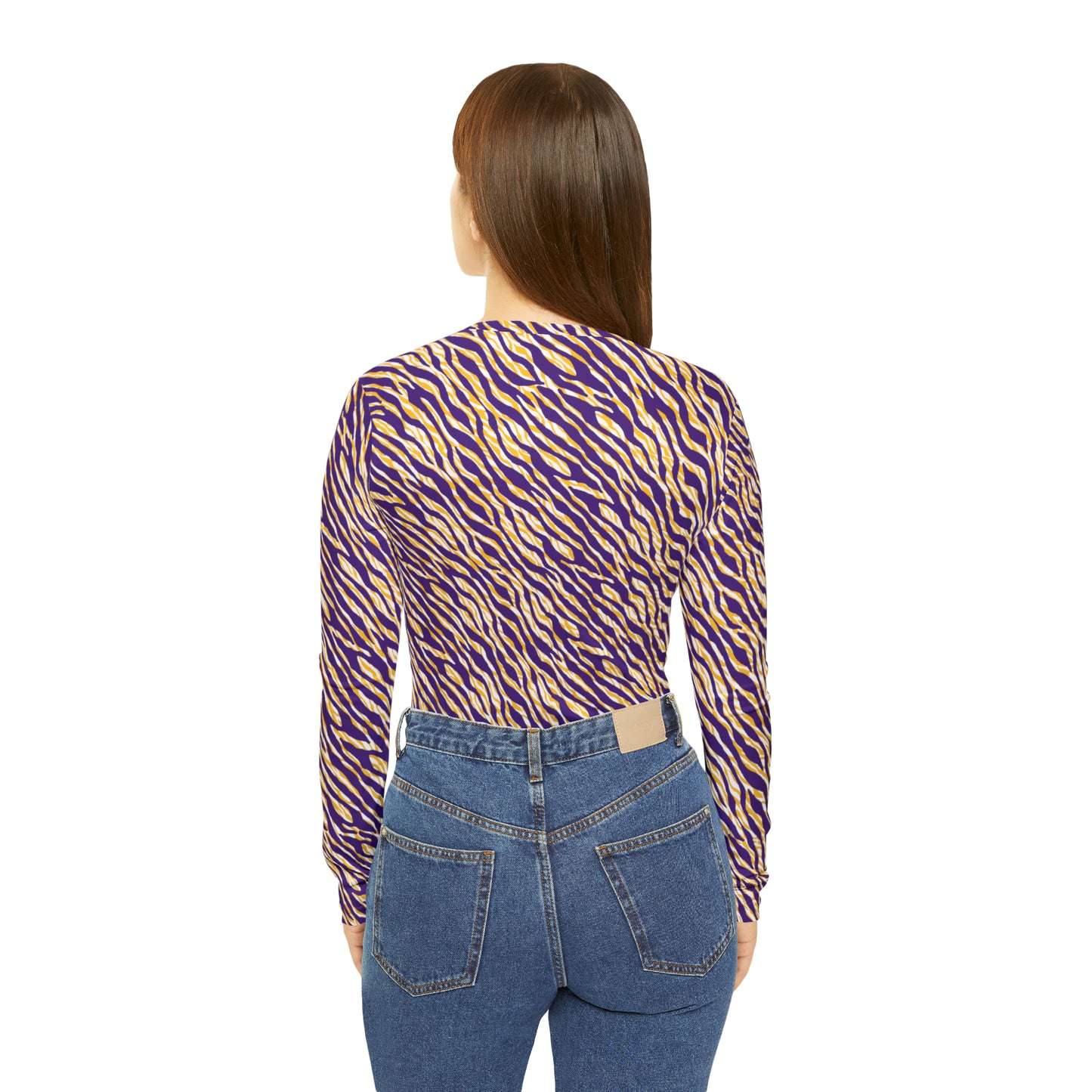 Women's Long Sleeve V-neck Shirt - Purple/Gold Zebra Print