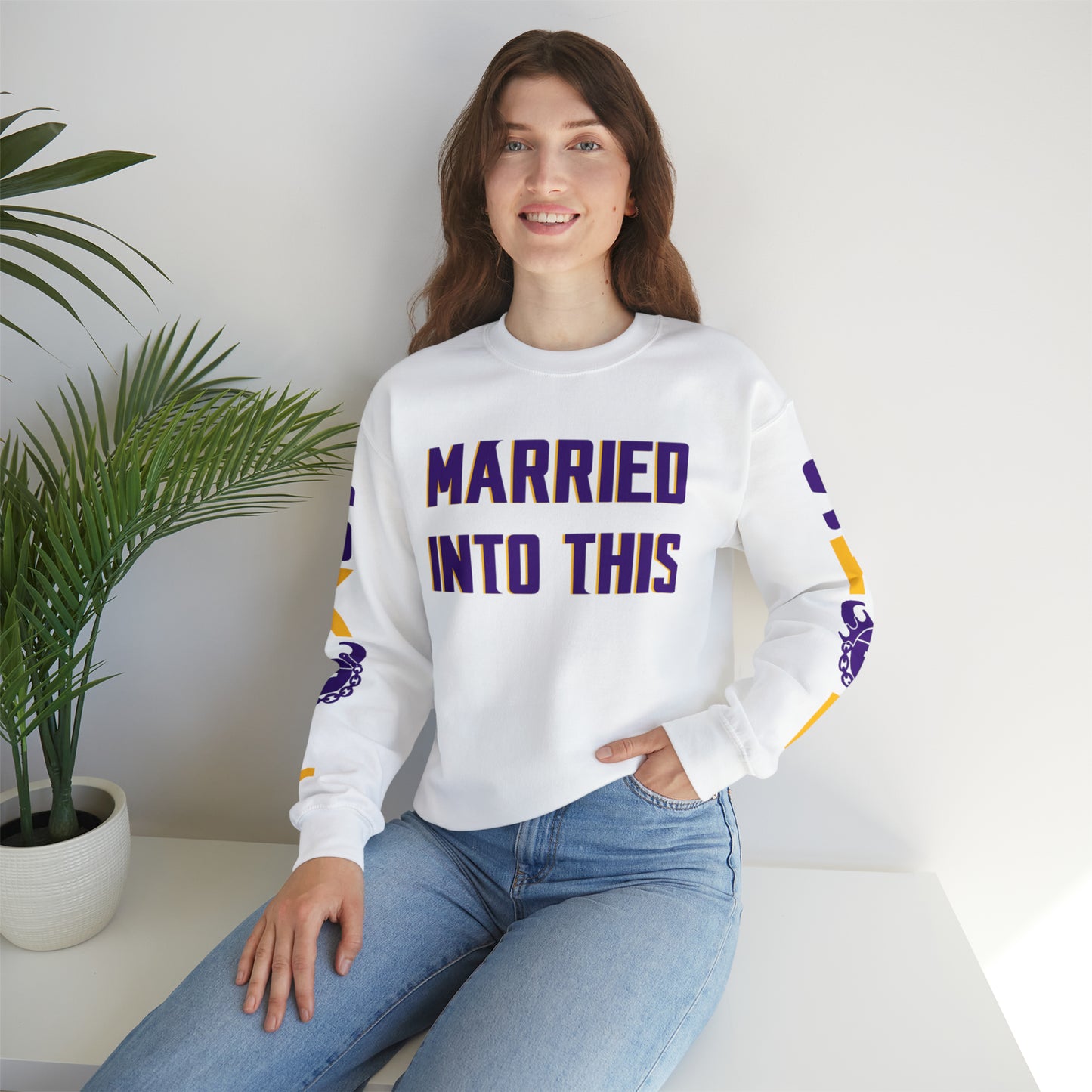 Unisex Heavy Blend™ Crewneck - Married Into This + Game Day Helmet (Sleeves)