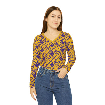 Women's Long Sleeve V-neck Shirt - Gold/Purple - VWO (Framed)