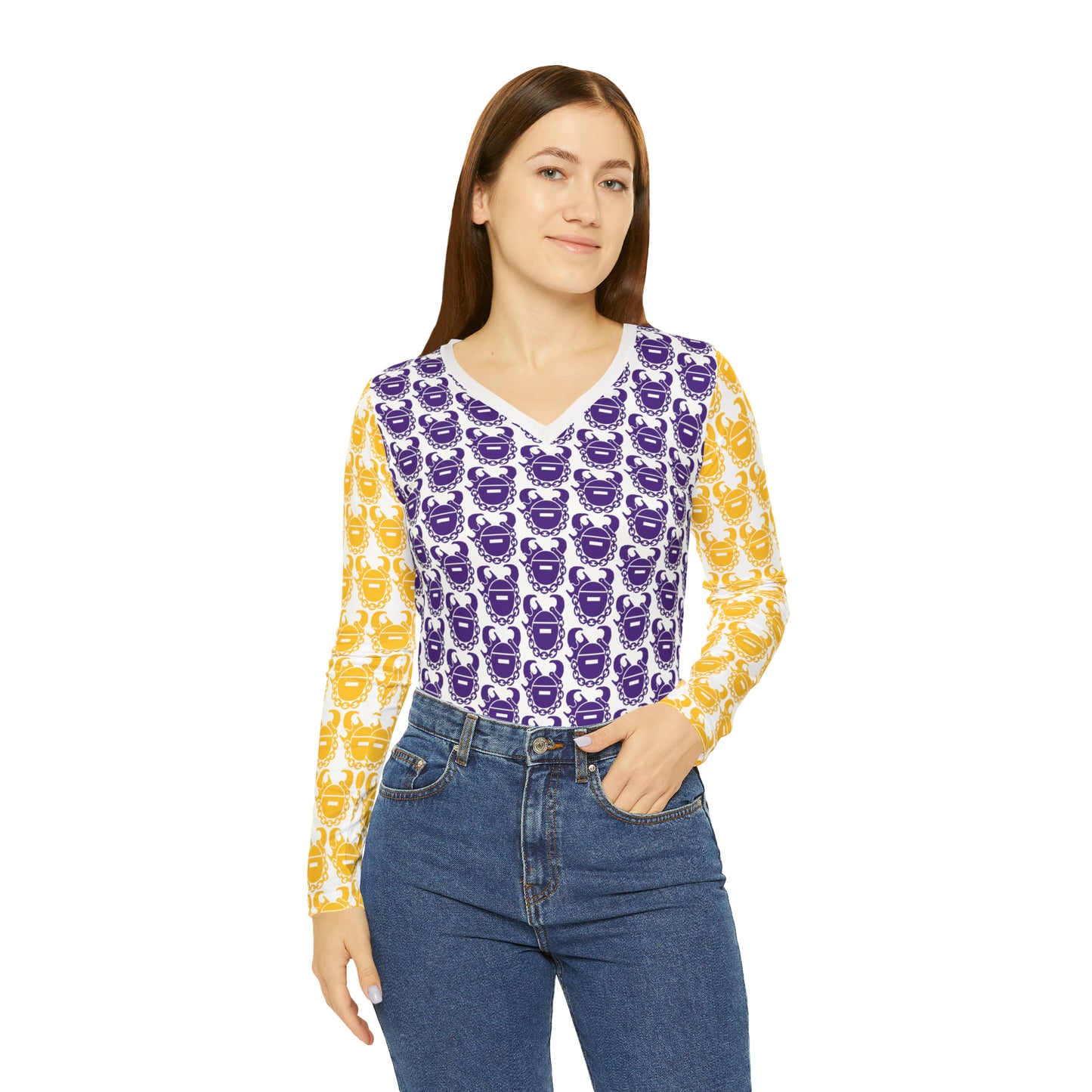 Women's Long Sleeve V-neck Shirt - Purple & Gold Helmets