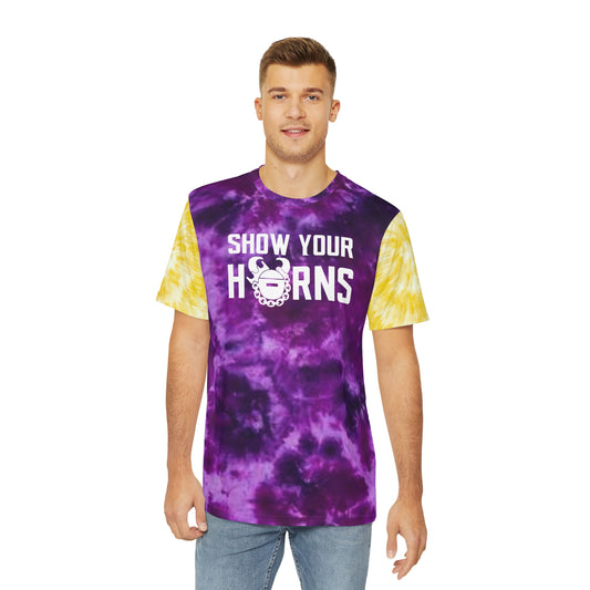 Men's Polyester Tee - Purple/Gold Tie-Dye - Show Your Horns