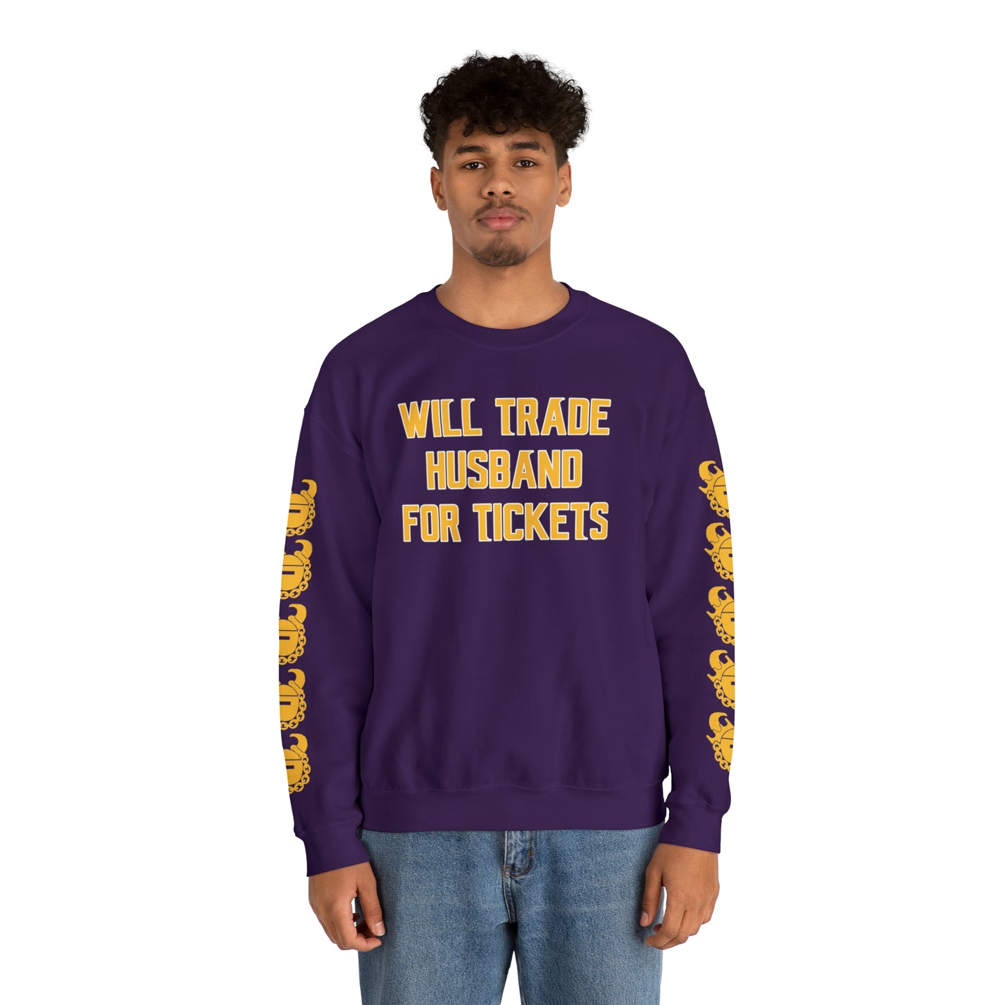 Unisex Heavy Blend™ Crewneck - Husband for Tickets + Game Day Helmet (Sleeves)