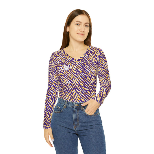 Women's Long Sleeve V-neck Shirt - Purple/Gold Zebra Print