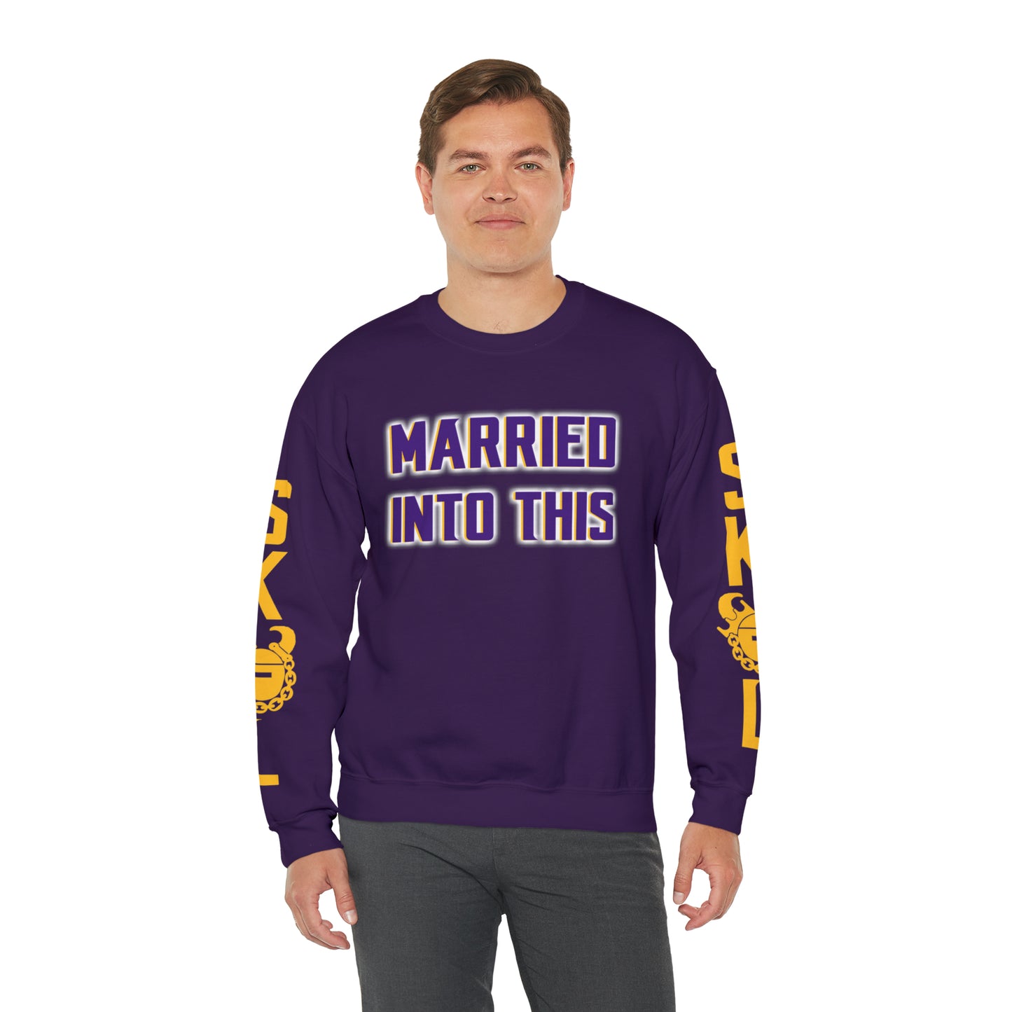 Unisex Heavy Blend™ Crewneck - Married Into This + Game Day Helmet (Sleeves)