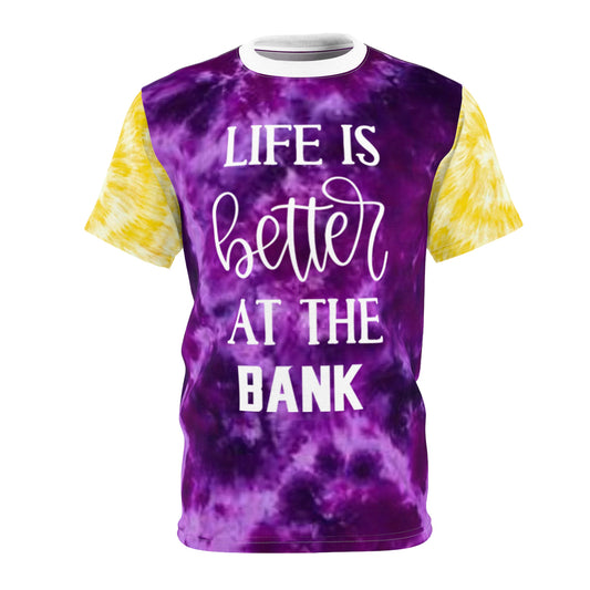 Unisex Cut & Sew Tee - Purple/Gold Tie-Dye - Life is Better at the BANK