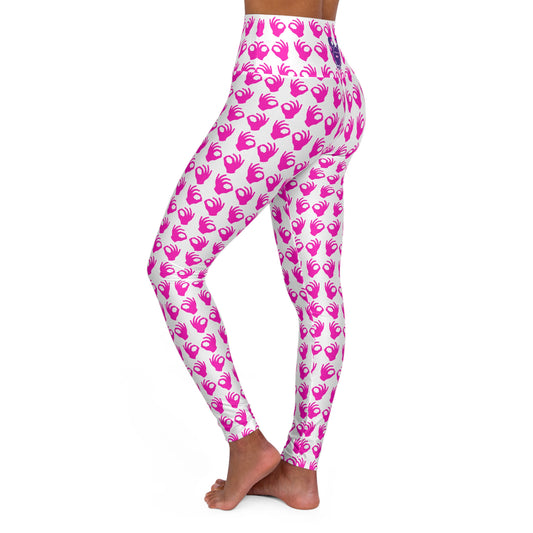 High Waisted Yoga Leggings - White/Pink Griddy