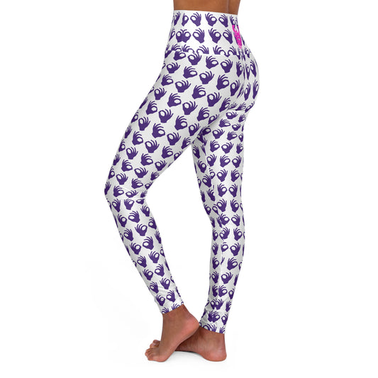 High Waisted Yoga Leggings - White/Purple Griddy