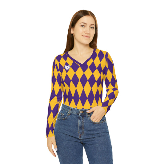 Women's Long Sleeve V-neck Shirt - Purple/Gold Diamonds - The Original