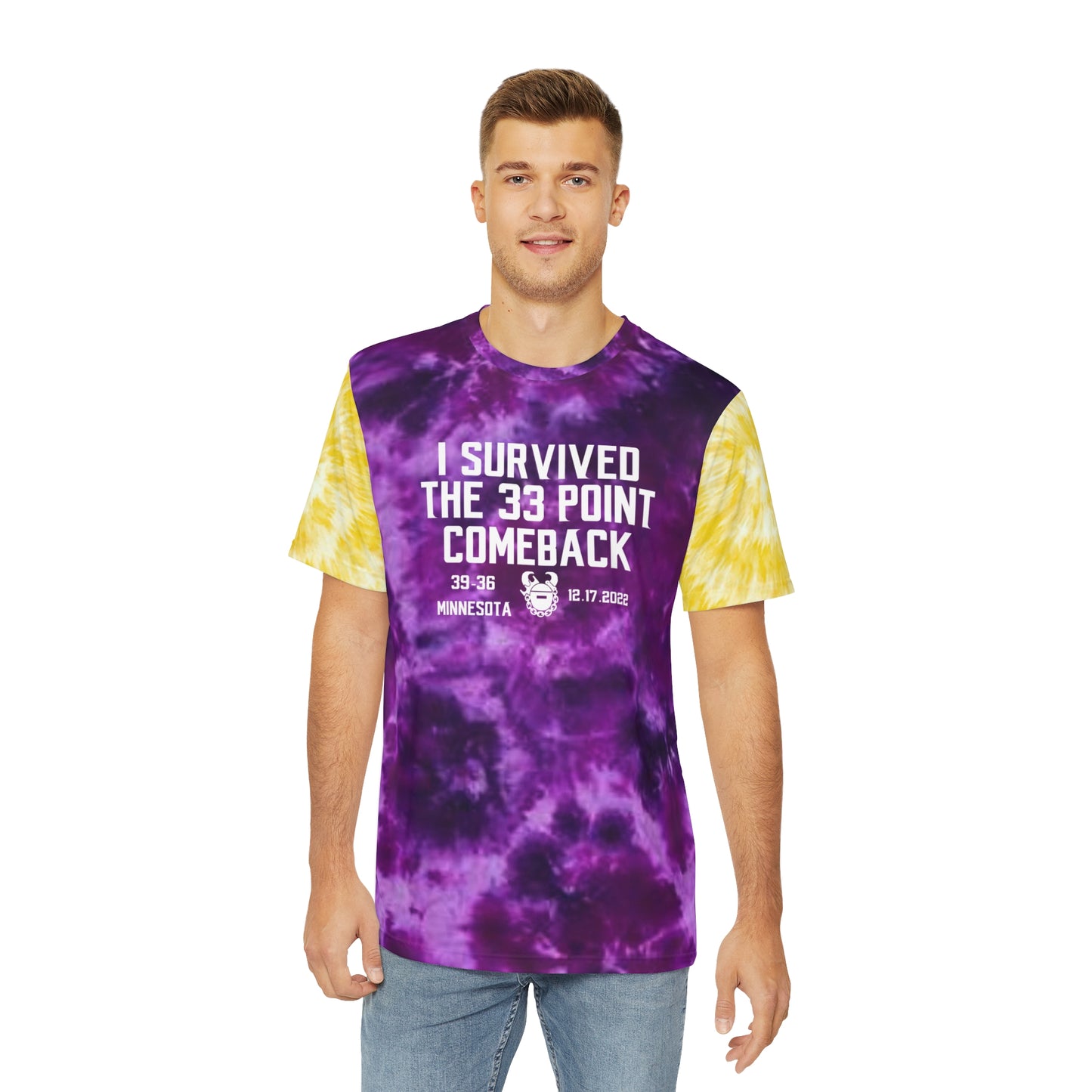 Men's Polyester Tee - Purple/Gold Tie-Dye - Survived the 33 Point Comeback