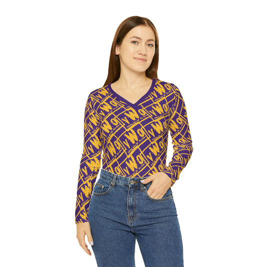 Women's Long Sleeve V-neck Shirt - Purple/Gold - VWO (Framed)