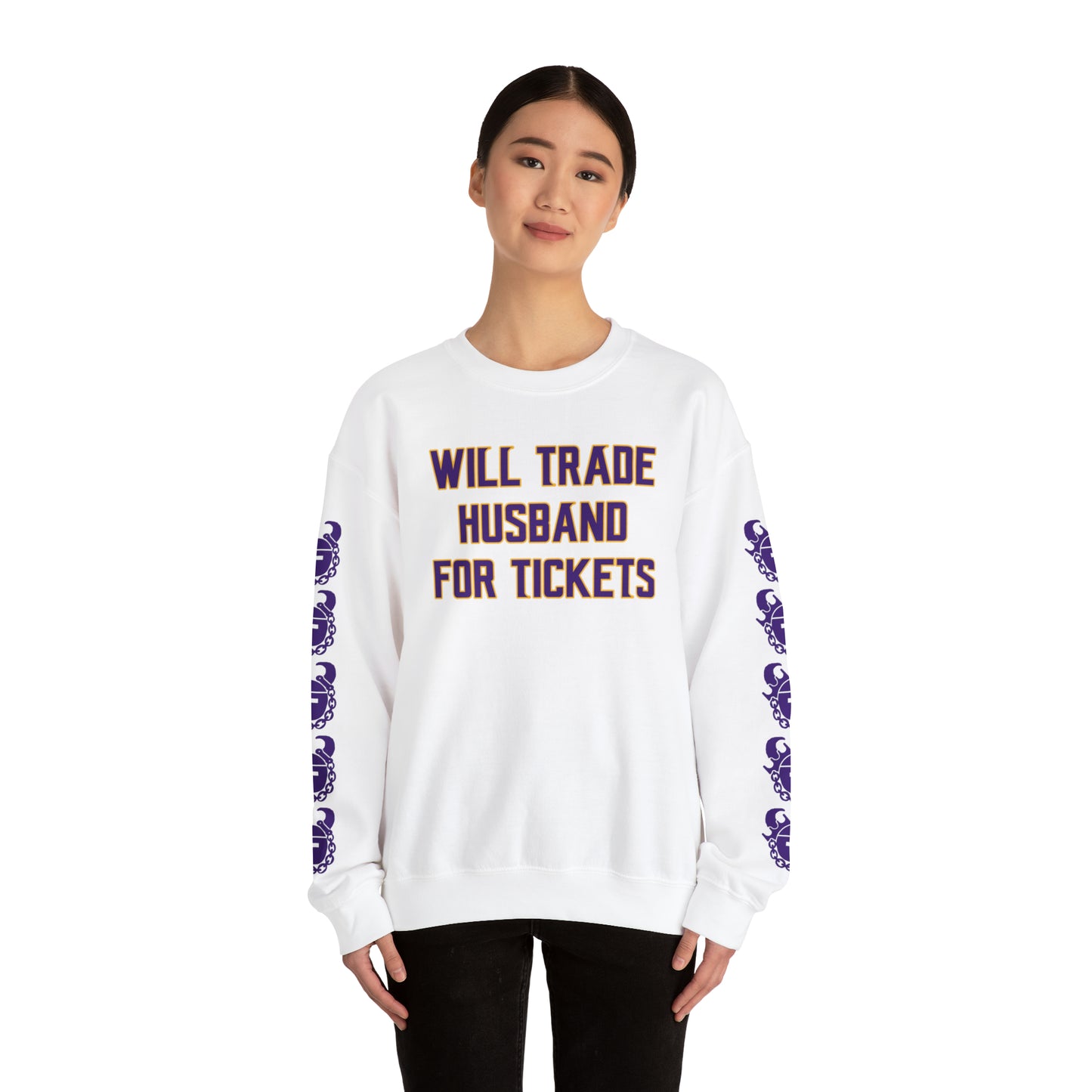 Unisex Heavy Blend™ Crewneck - Husband for Tickets + Game Day Helmet (Sleeves)