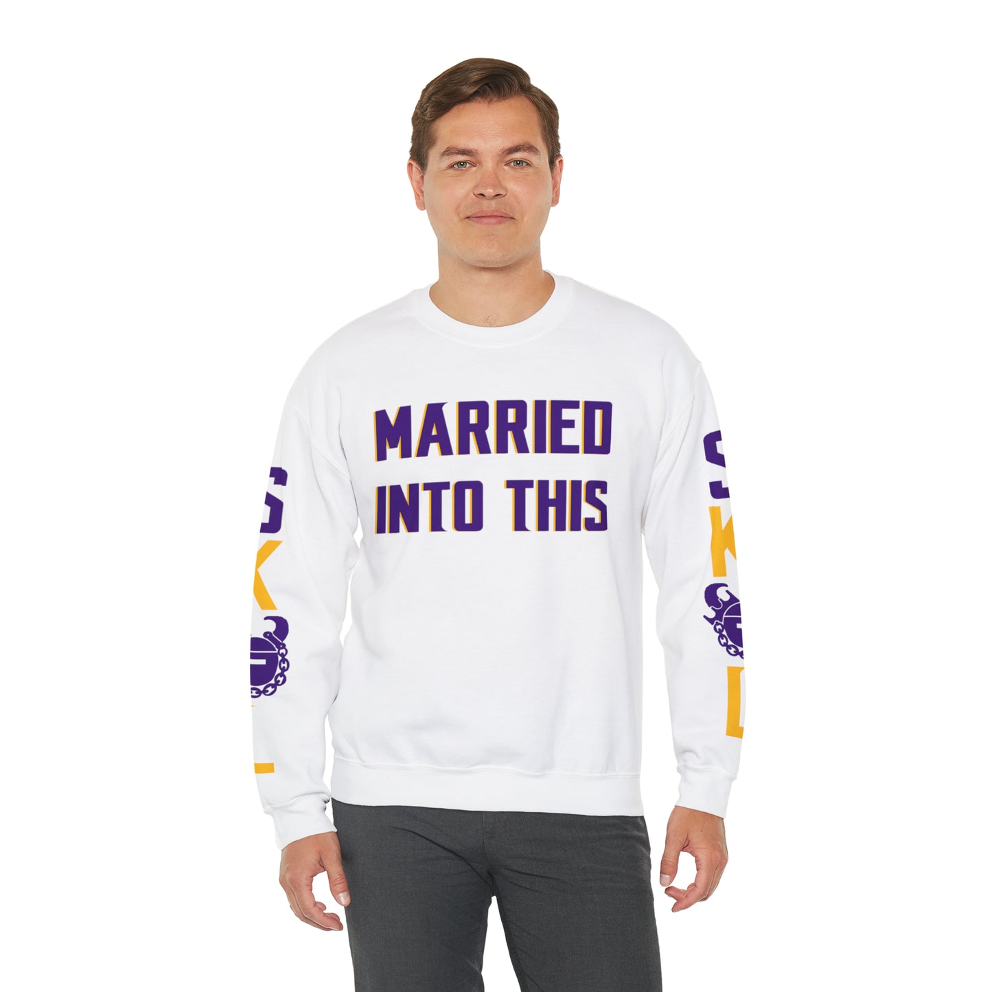 Unisex Heavy Blend™ Crewneck - Married Into This + Game Day Helmet (Sleeves)