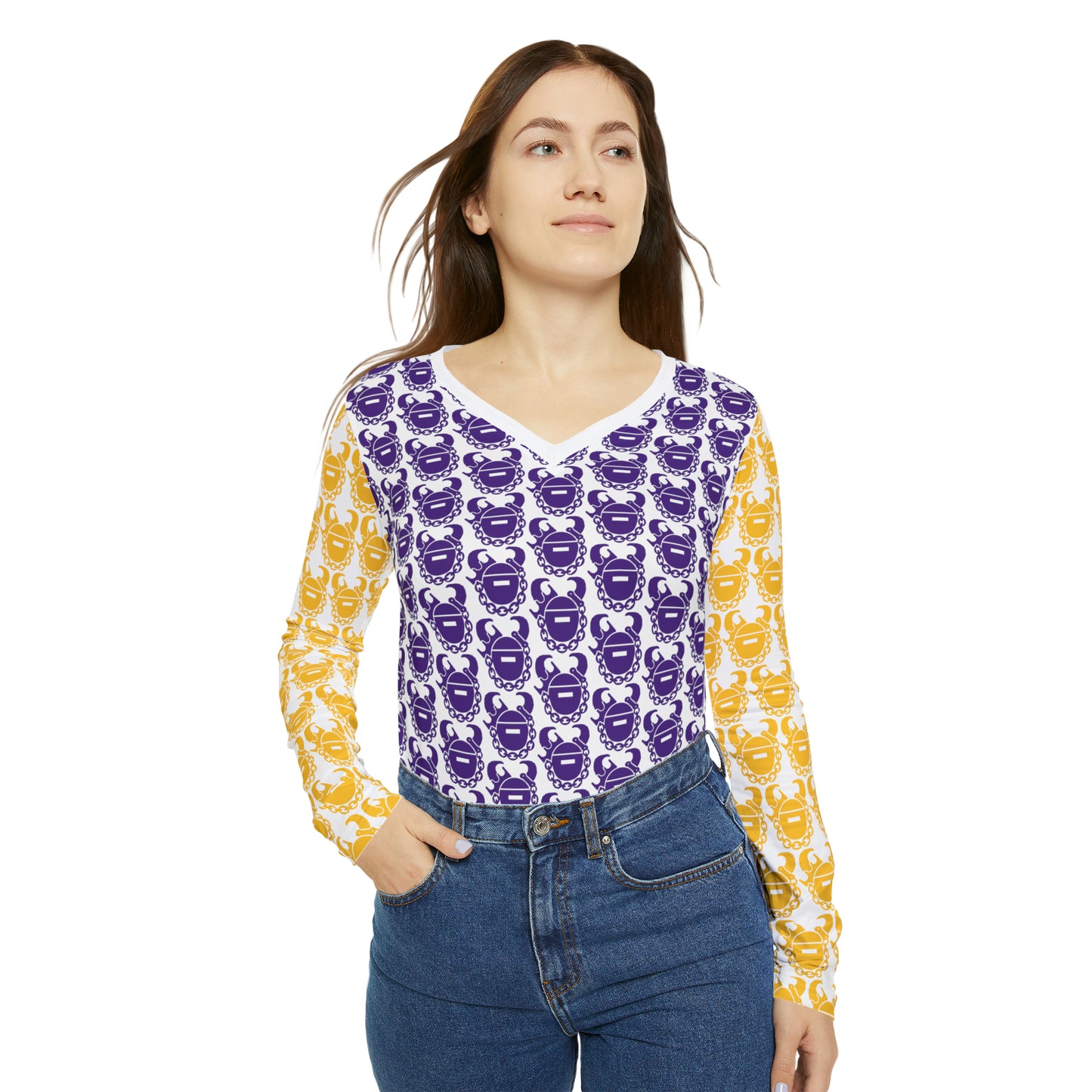 Women's Long Sleeve V-neck Shirt - Purple & Gold Helmets