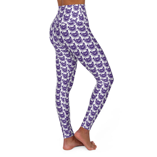 High Waisted Yoga Leggings - White/Purple Helmets