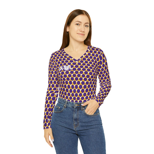 Women's Long Sleeve V-neck Shirt - Purple/Gold Hex