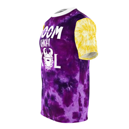 Unisex Cut & Sew Tee - Purple/Gold Tie-Dye - Boom chicka