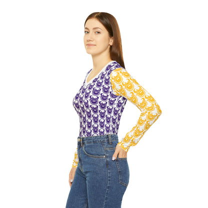 Women's Long Sleeve V-neck Shirt - Purple & Gold Helmets