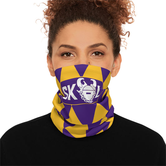 Winter Neck Gaiter With Drawstring - Purple/Gold Diamonds