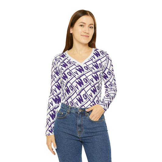 Women's Long Sleeve V-neck Shirt - White/Purple - VWO (Framed)