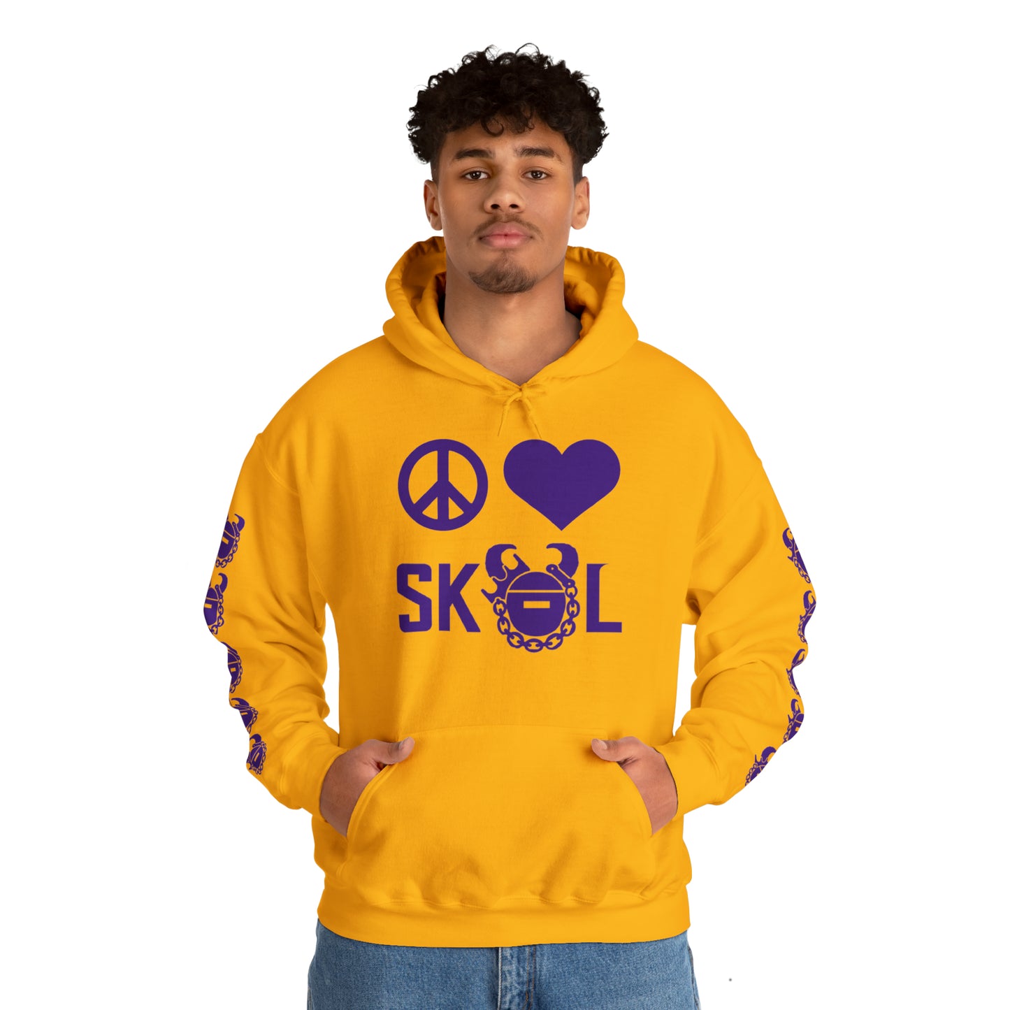 Unisex Heavy Blend™ Hooded Sweatshirt - Peace & Love + Game Day Helmet (Sleeves)