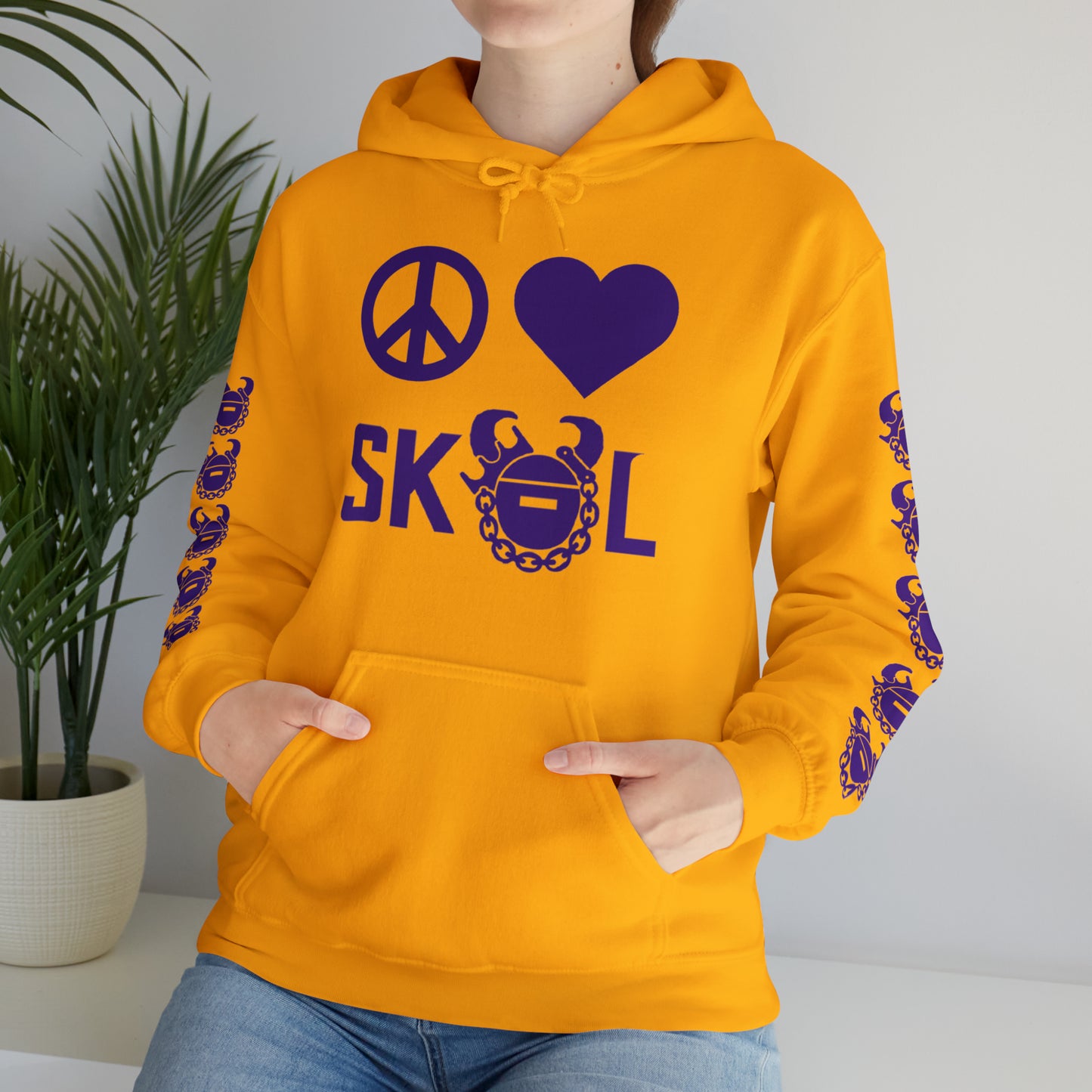 Unisex Heavy Blend™ Hooded Sweatshirt - Peace & Love + Game Day Helmet (Sleeves)