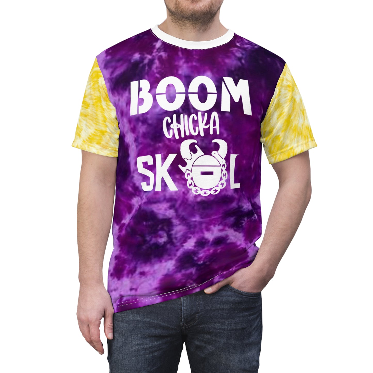 Unisex Cut & Sew Tee - Purple/Gold Tie-Dye - Boom chicka