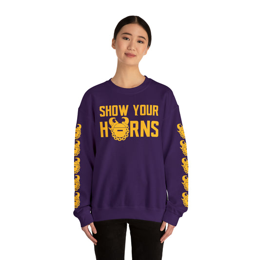 Unisex Heavy Blend™ Crewneck - Show Your Horns + Game Day Helmet (Sleeves)