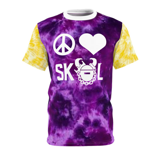 Unisex Cut & Sew Tee - Purple/Gold Tie-Dye - Peace & Love